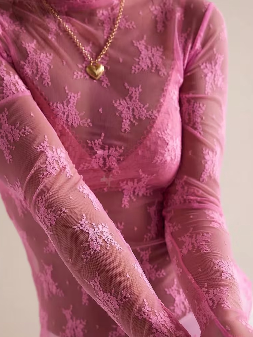 S44- Sheer Rose Lace Long Sleeve Top